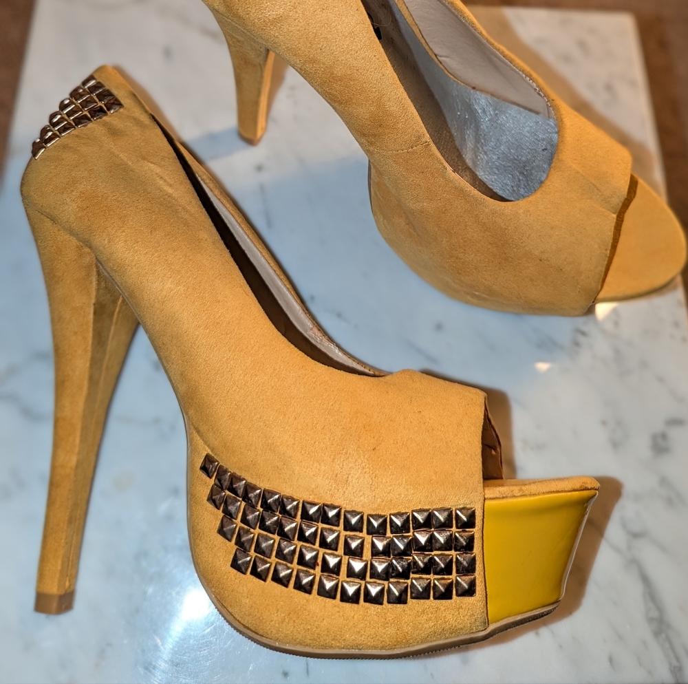 Yellow & Gold Platform Peep-Toe Heels with Studded Details